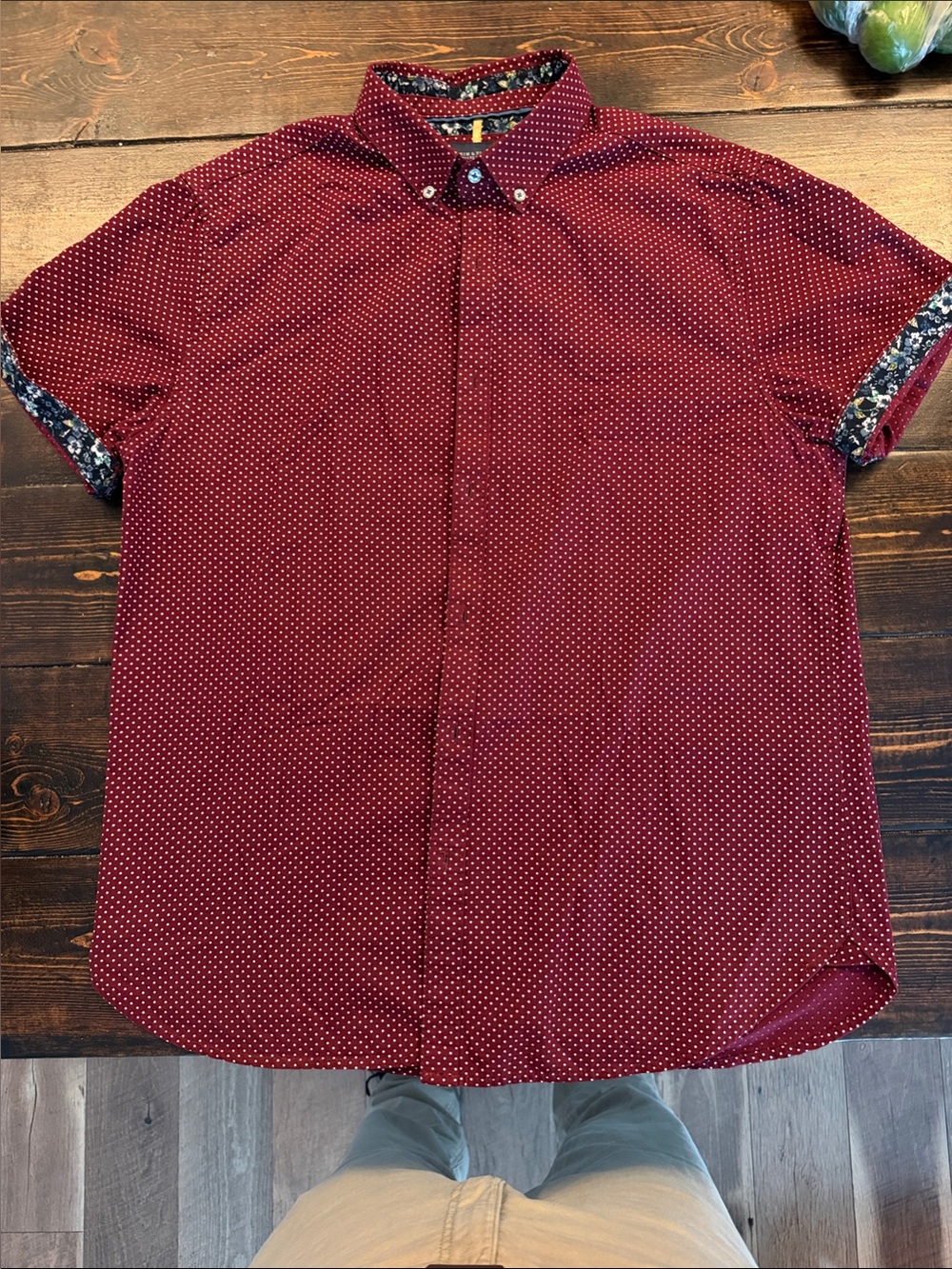 Denim & Flower Burgundy Short Sleeve Button-Down with Micro Dot Detail